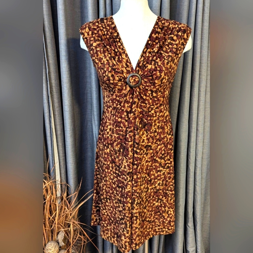 Chaps Small Brown/Gold/Cream Sleeveless Dress